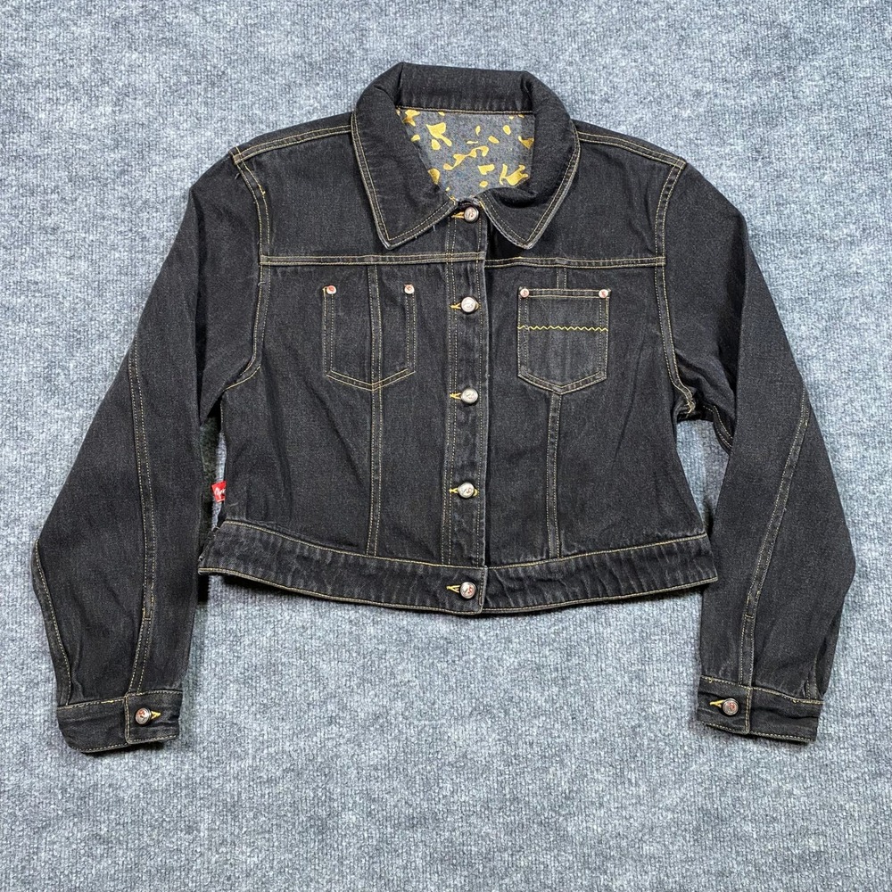 Johnny Blaze Reversible Denim Jacket Black Washed Gold Print Y2K Women's XL